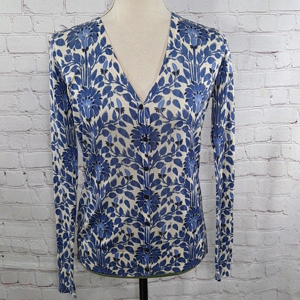 Tory Burch Blue Floral Silk V-Neck Cardigan